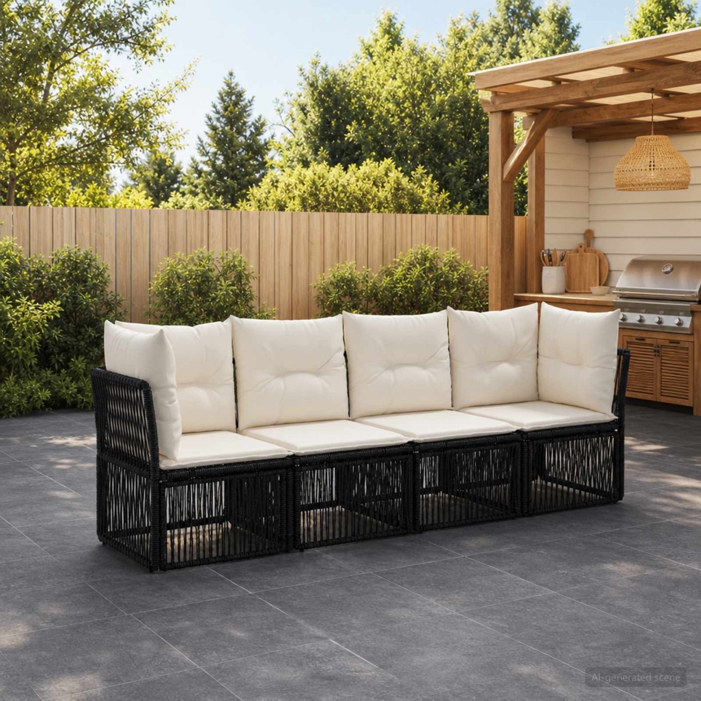 Ensemble de canapé de jardin 4 pc 4 place Noir polyrotin