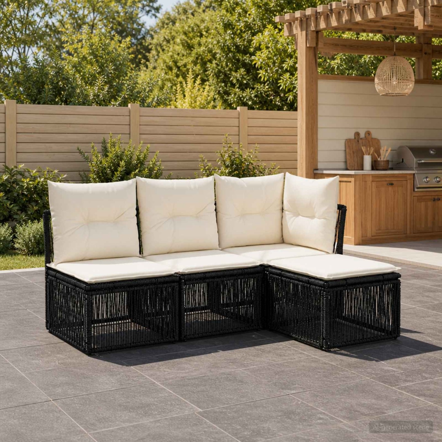 Ensemble de canapé de jardin 4 pc 4 place Noir polyrotin