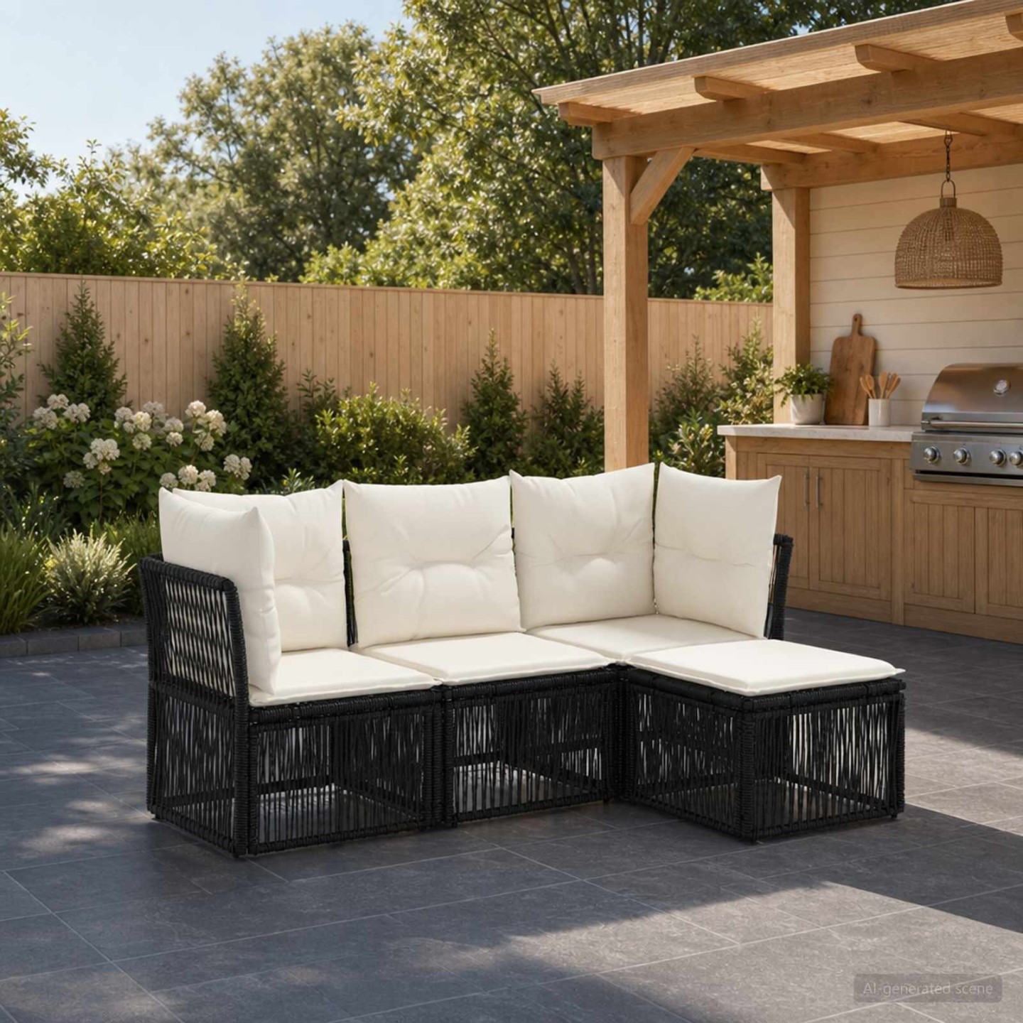 Ensemble de canapé de jardin 4 pc 4 place Noir polyrotin