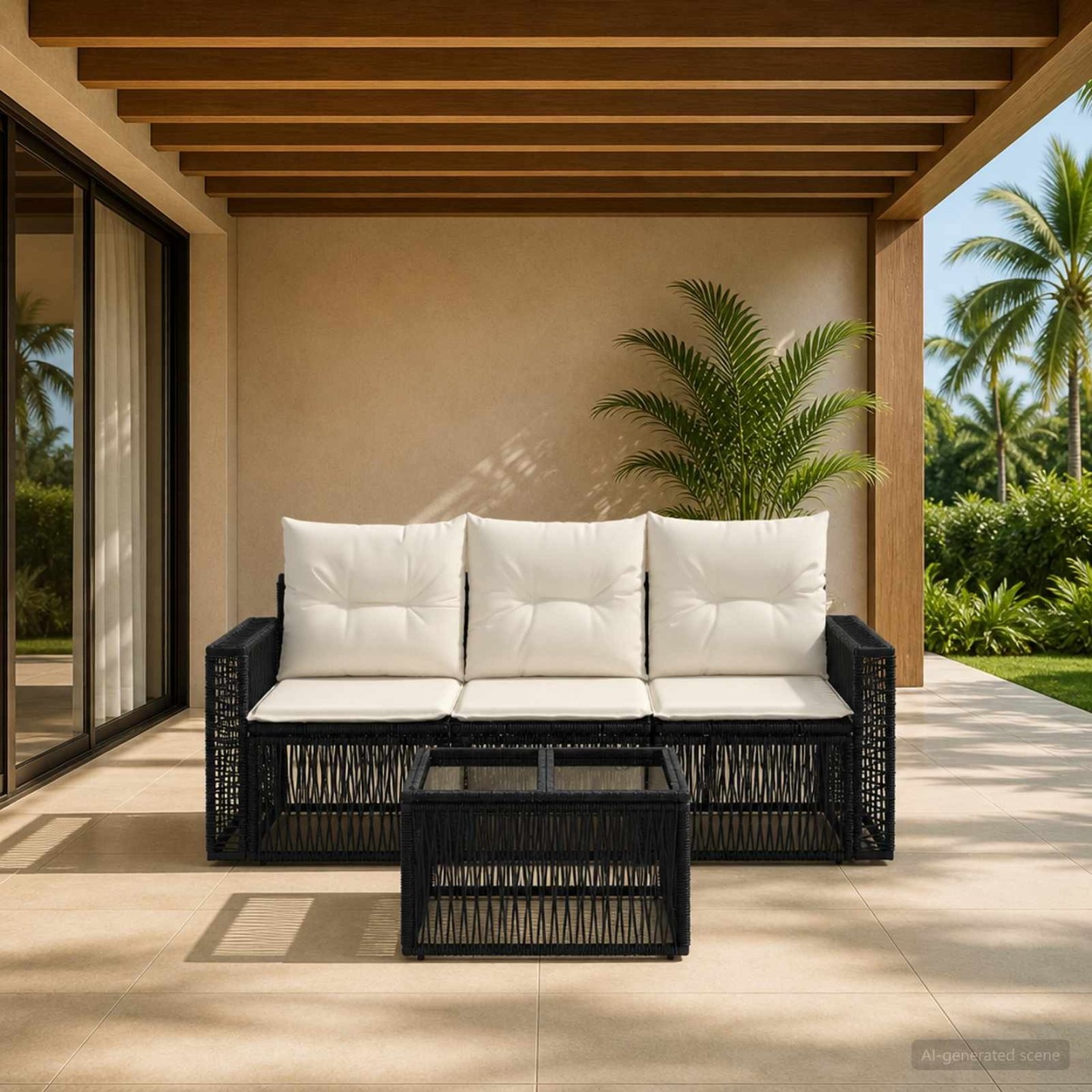 Ensemble de canapé de jardin 4 pc 3 place Noir et blanc crème