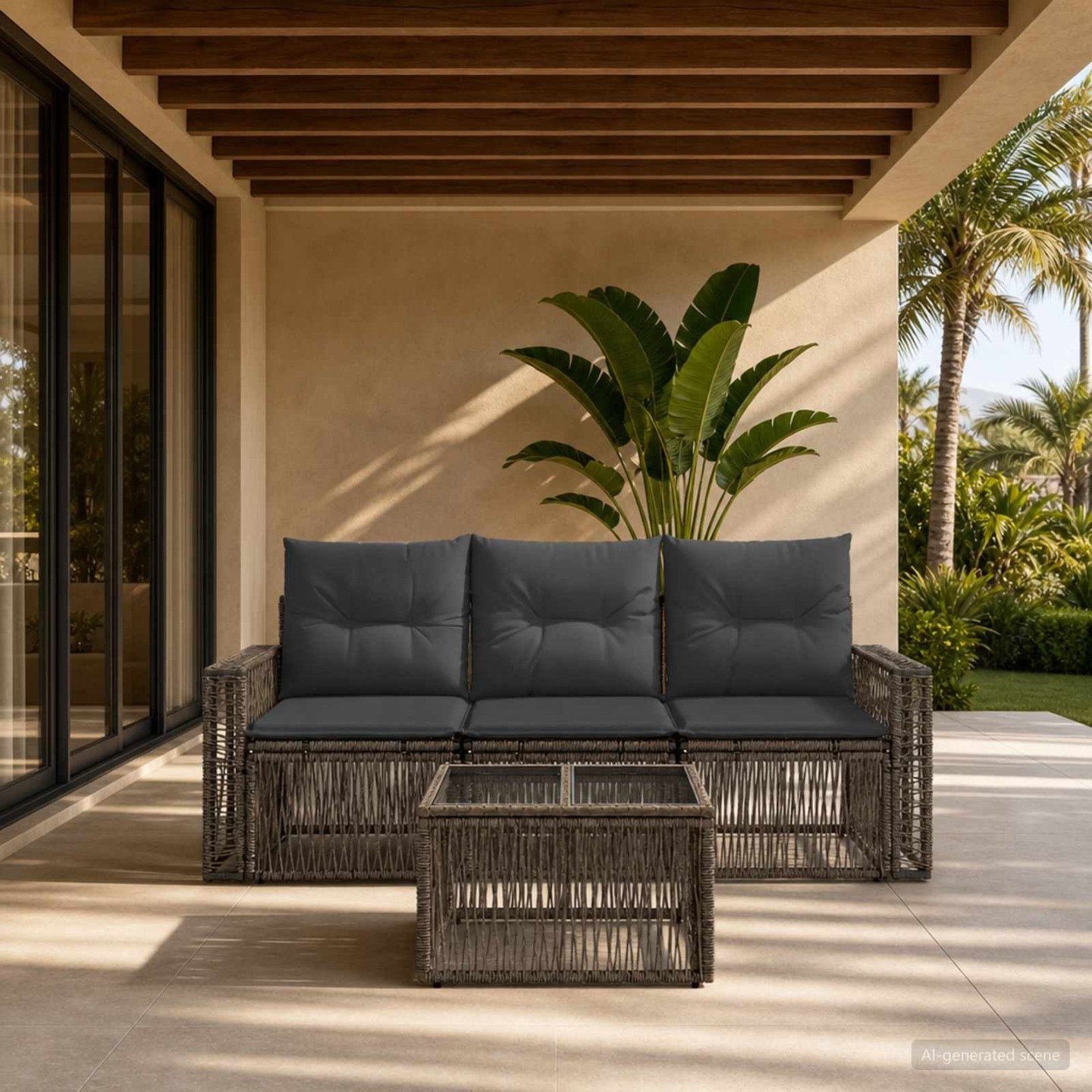 Ensemble de canapé de jardin 4 pc 3 place Gris et Gris foncé