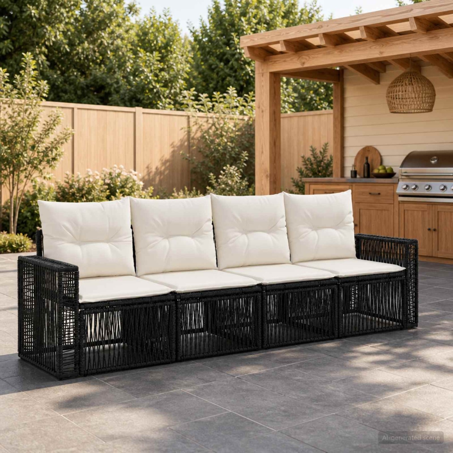 Ensemble de canapé de jardin 4 pc Noir et blanc crème polyrotin