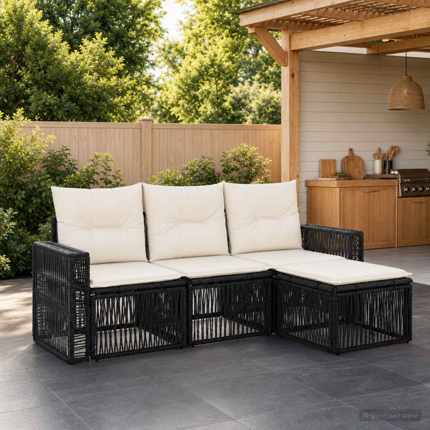 Ensemble de canapé de jardin 4 pc 4 place Noir et blanc crème