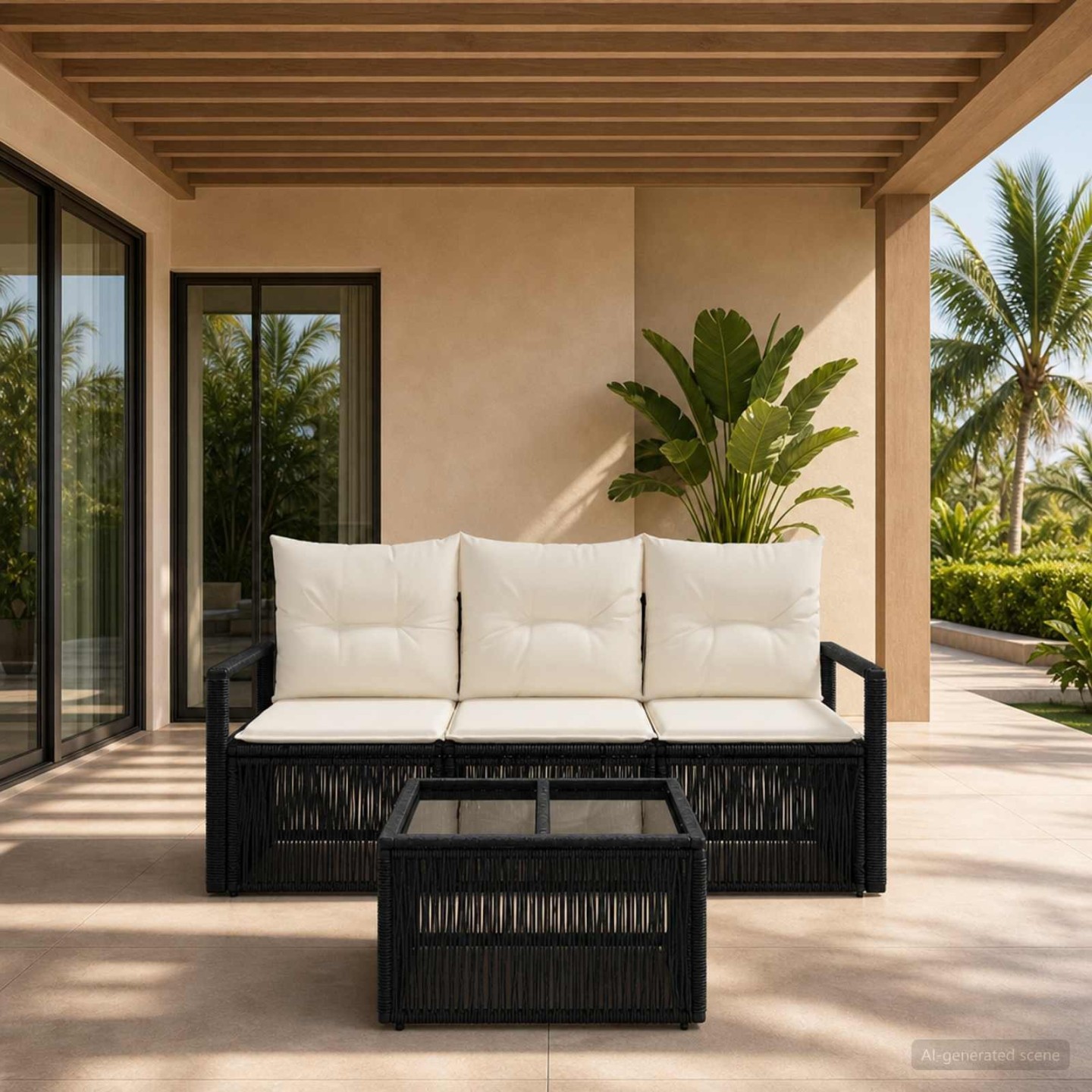 Ensemble de canapé de jardin 4 pc Noir polyrotin