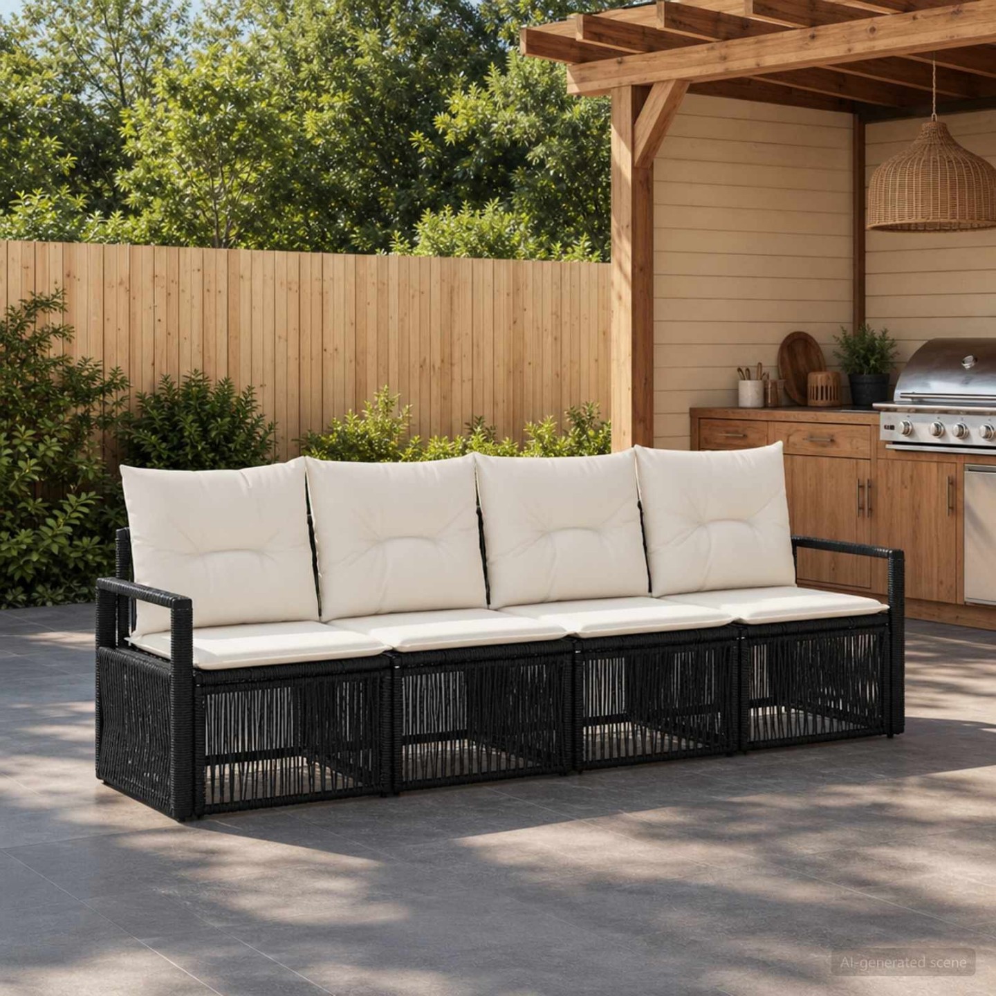 Ensemble de canapé de jardin 4 pc 4 place Noir polyrotin