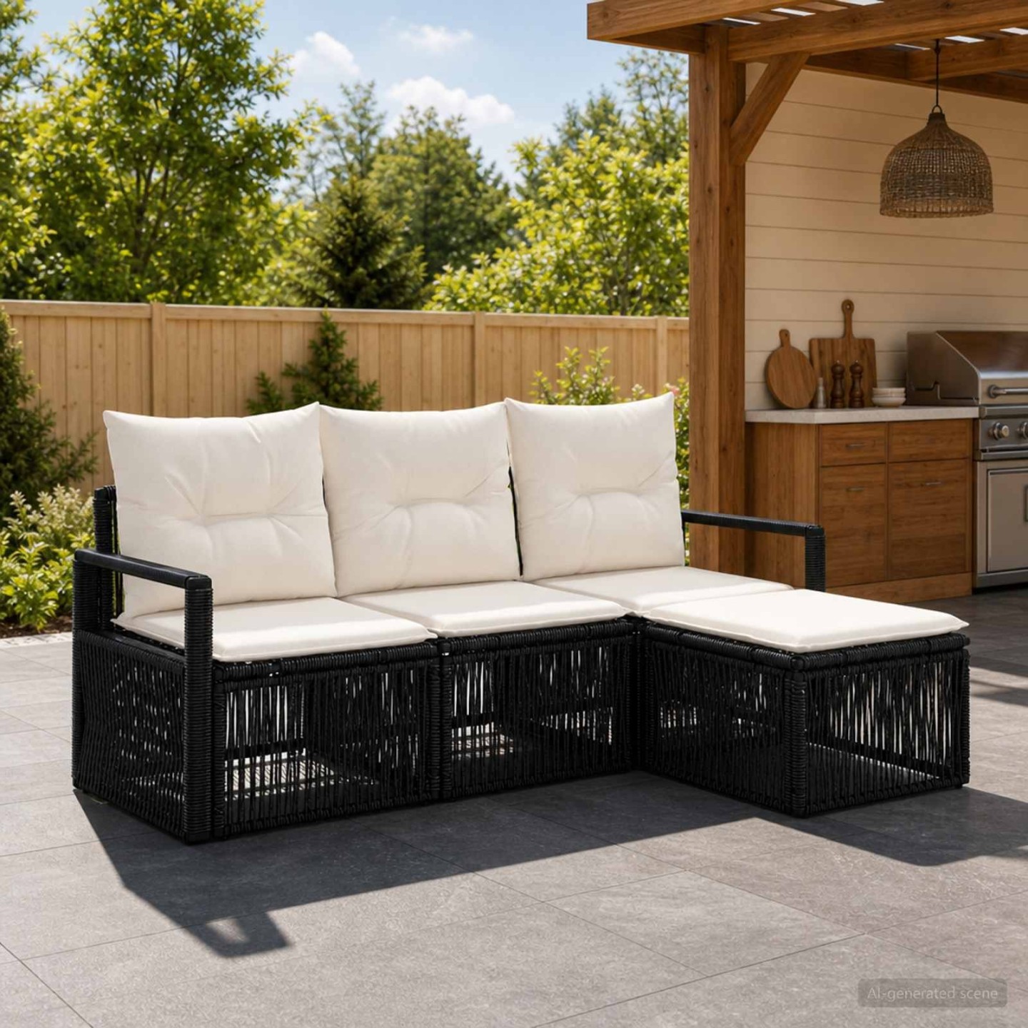 Ensemble de canapé de jardin 4 pc 4 place Noir polyrotin