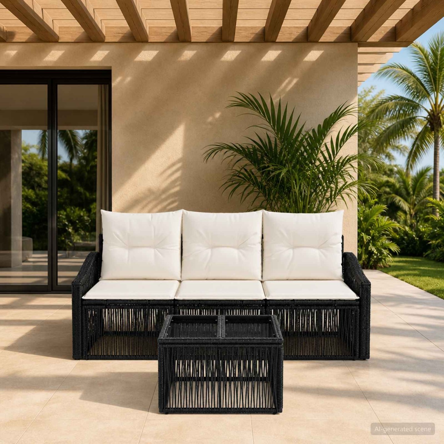 Ensemble de canapé de jardin 4 pc Noir polyrotin