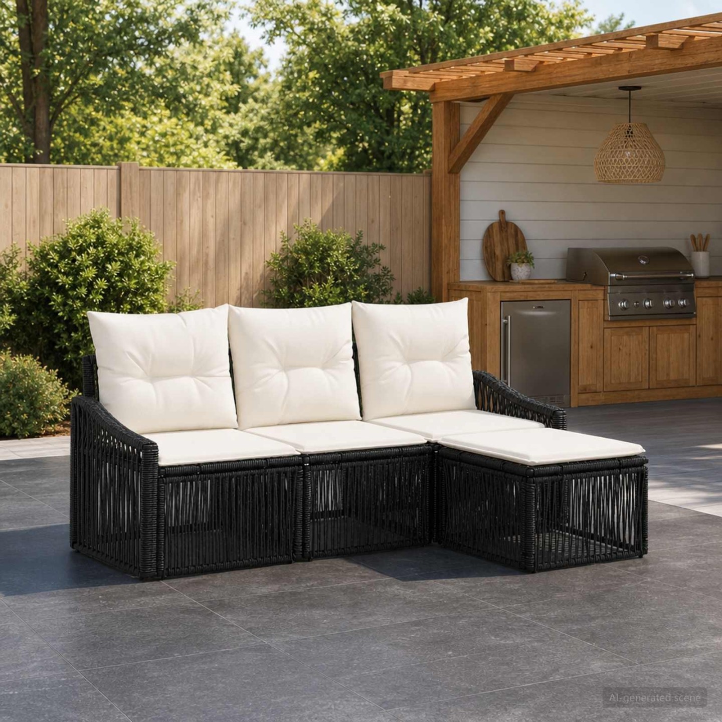 Ensemble de canapé de jardin 4 pc 4 place Noir polyrotin
