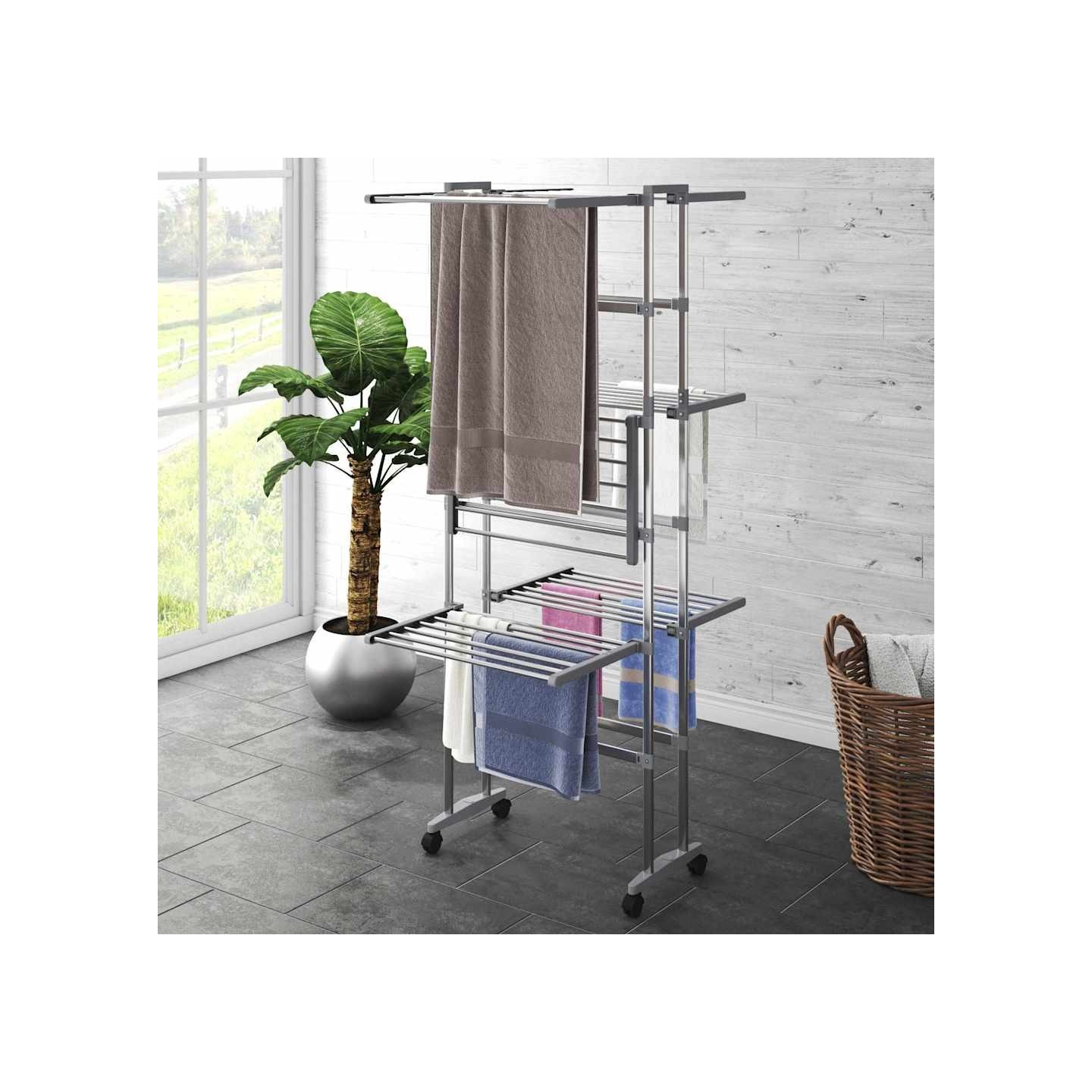 Étagère à linge à 3 niveaux avec roues Argenté 60x70x129 cm