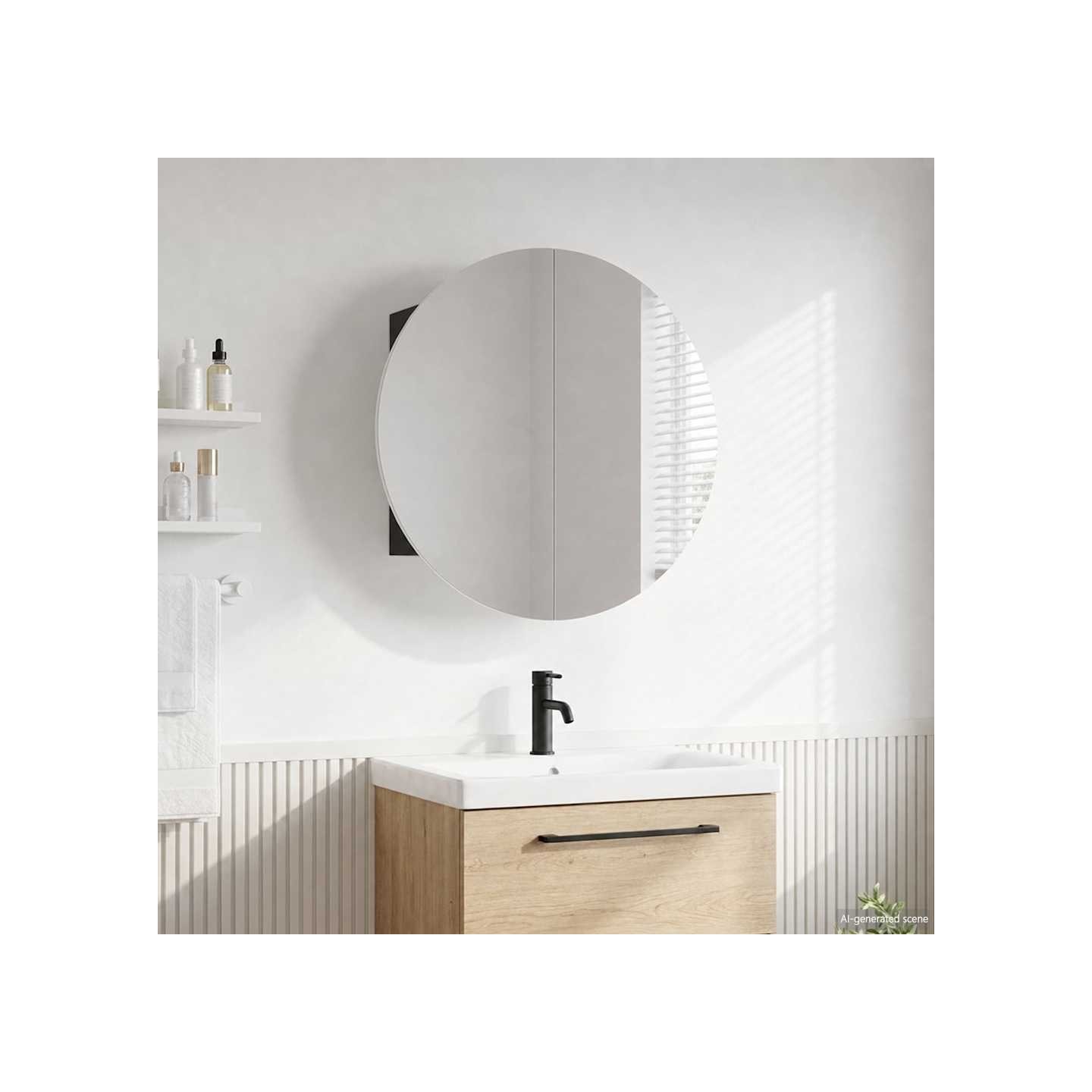 Armoire de salle de bain miroir rond et LED Noir 54x54x17,5 cm