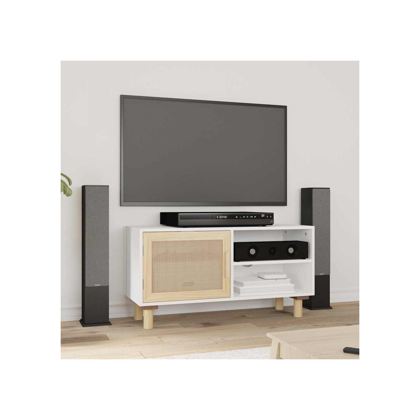 Meuble TV Blanc 80x30x40 cm Bois de pin massif et rotin naturel