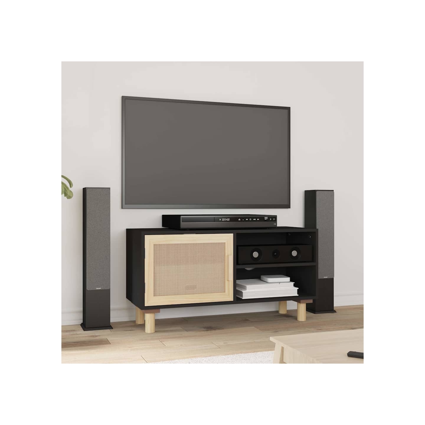 Meuble TV Noir 80x30x40 cm Bois de pin massif et rotin naturel