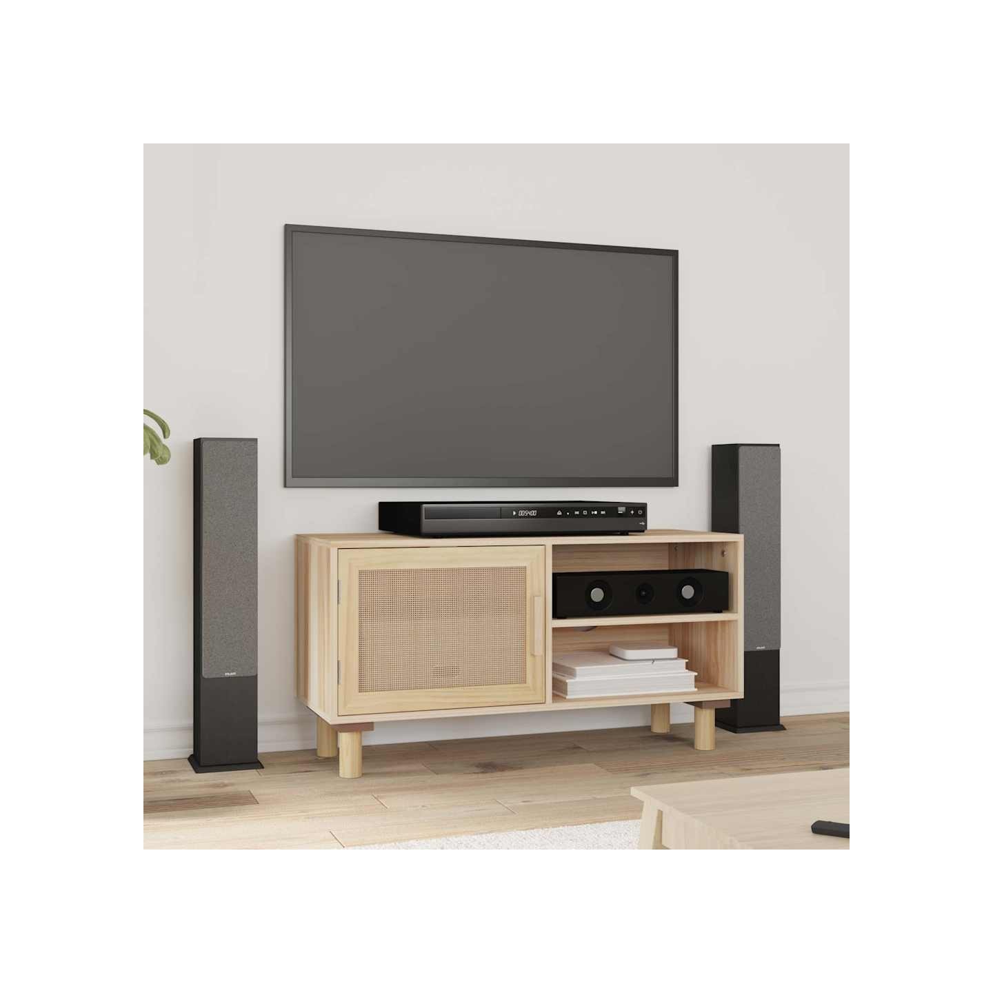 Meuble TV Marron 80x30x40cm Bois de pin massif et rotin naturel