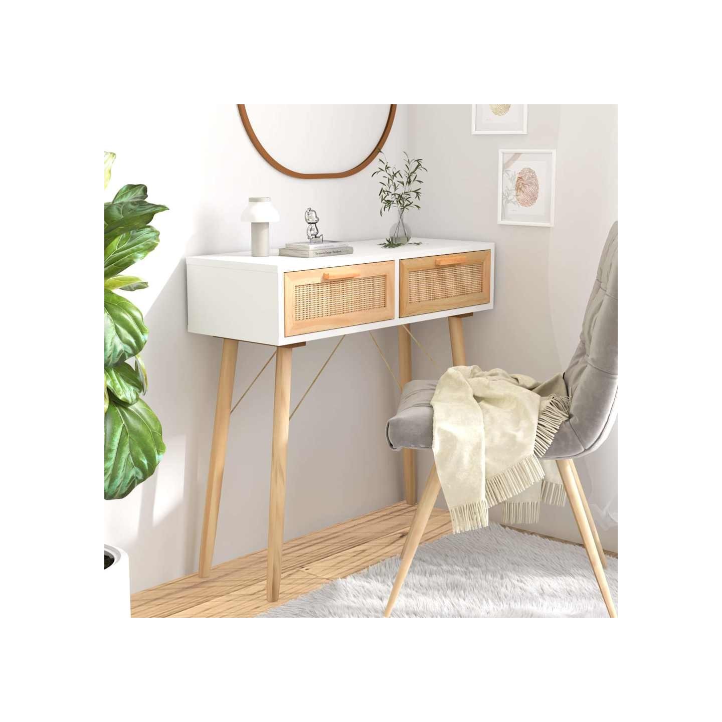 Table console Blanc 80x30x75 cm Bois massif pin /rotin naturel