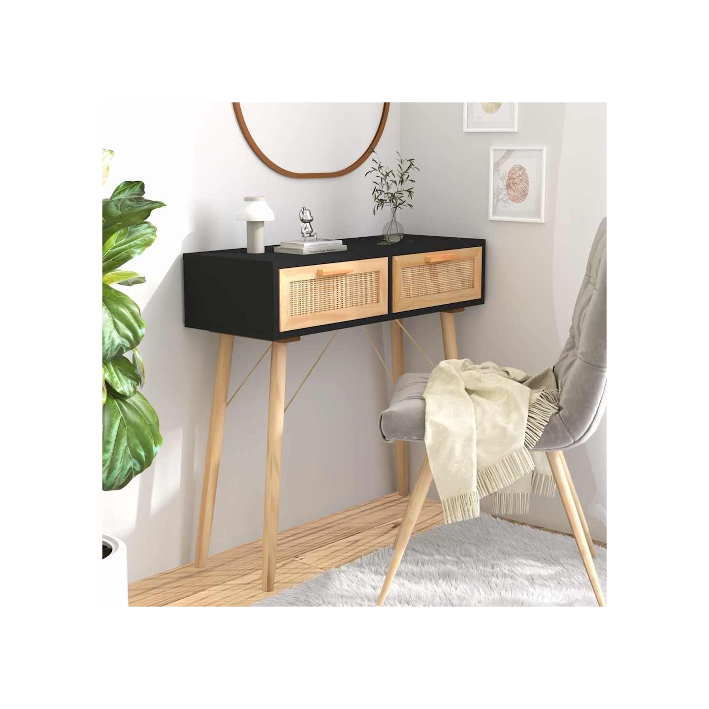 Table console Noir 80x30x75 cm Bois massif pin /rotin naturel