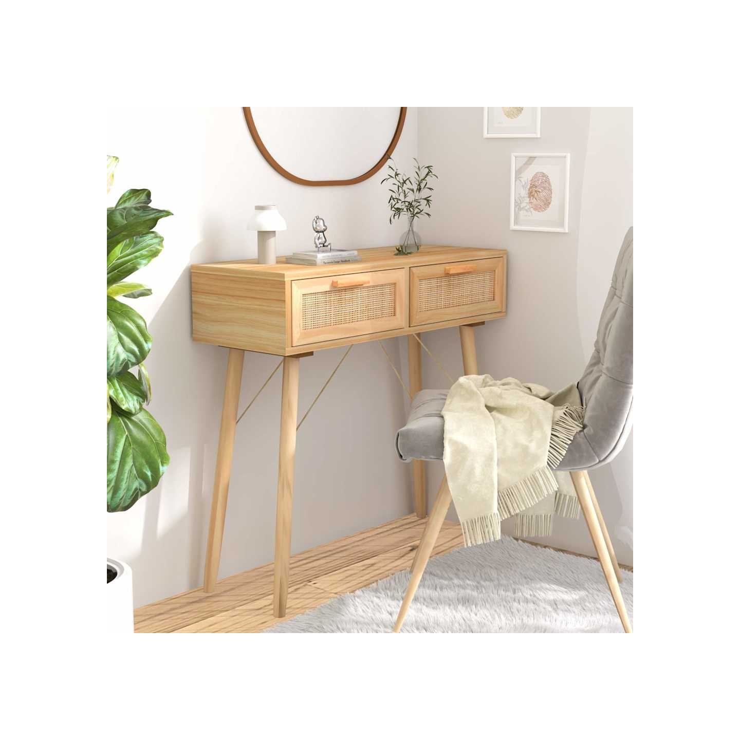 Table console Marron 80x30x75 cm Bois massif pin /rotin naturel