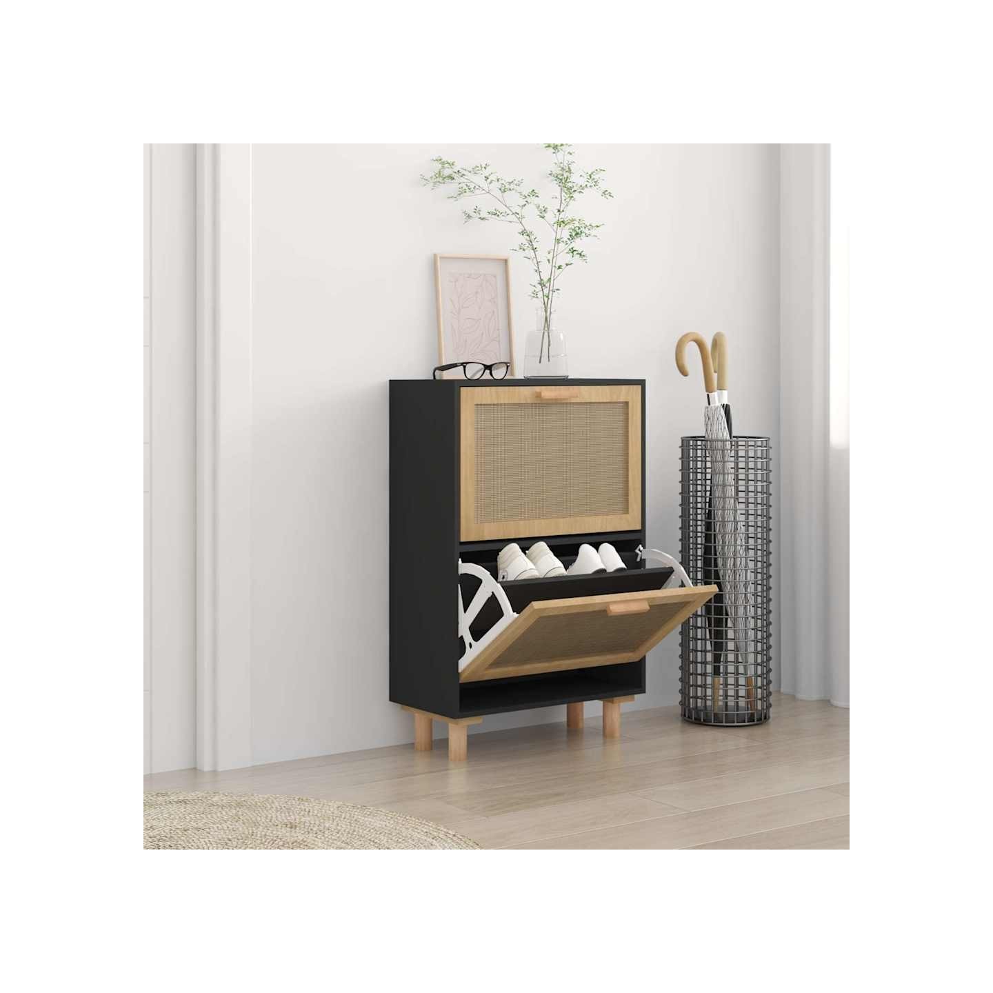 Armoire à chaussures Noir 52x25x80 cm Bois d'ingénierie/rotin