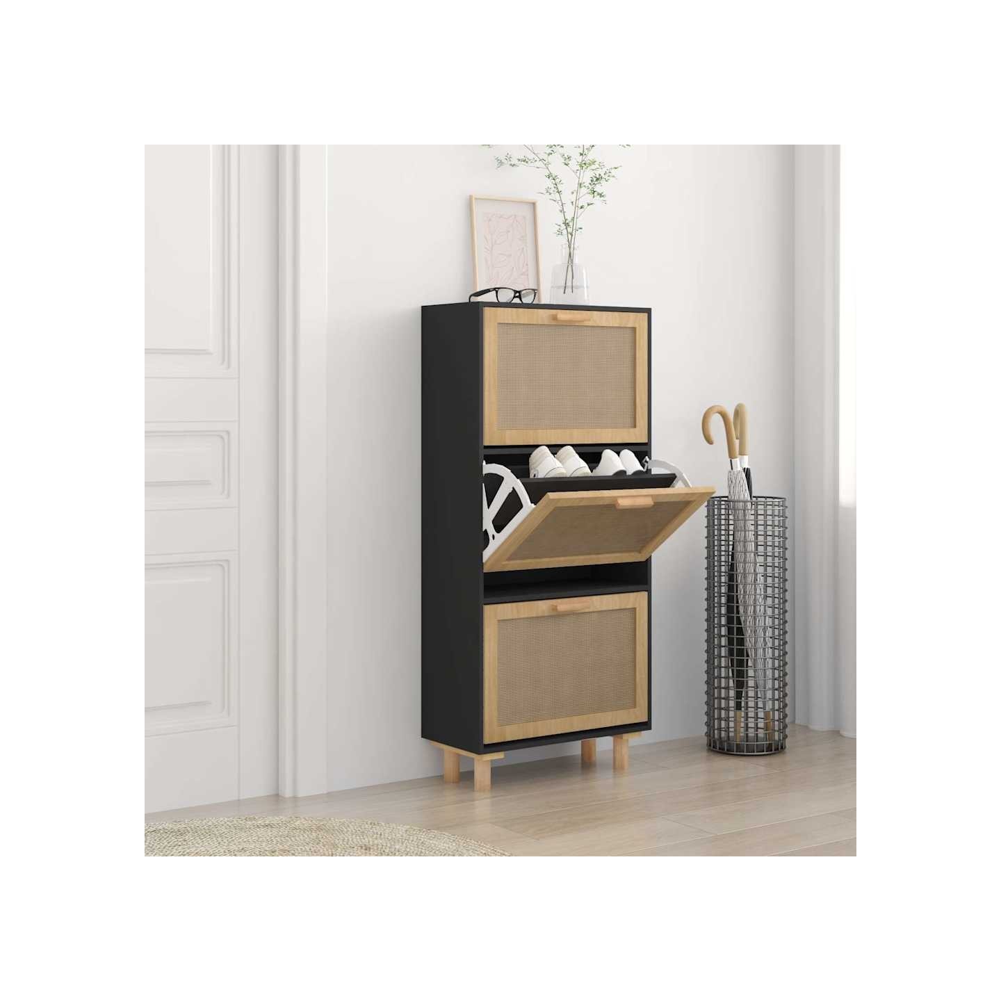 Armoire à chaussures Noir 52x25x115 cm Bois d'ingénierie/rotin