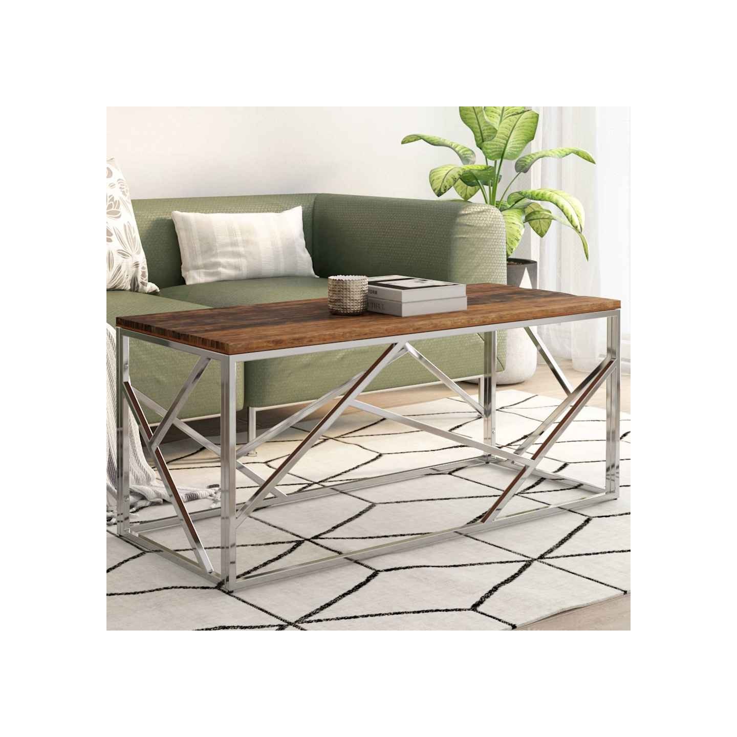 Table basse argenté inox et bois de mélèze massif