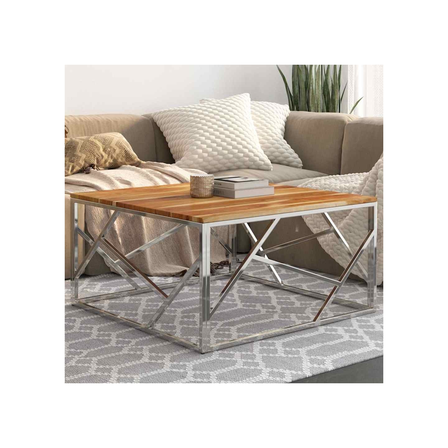 Table basse argenté acier inoxydable et bois massif d'acacia
