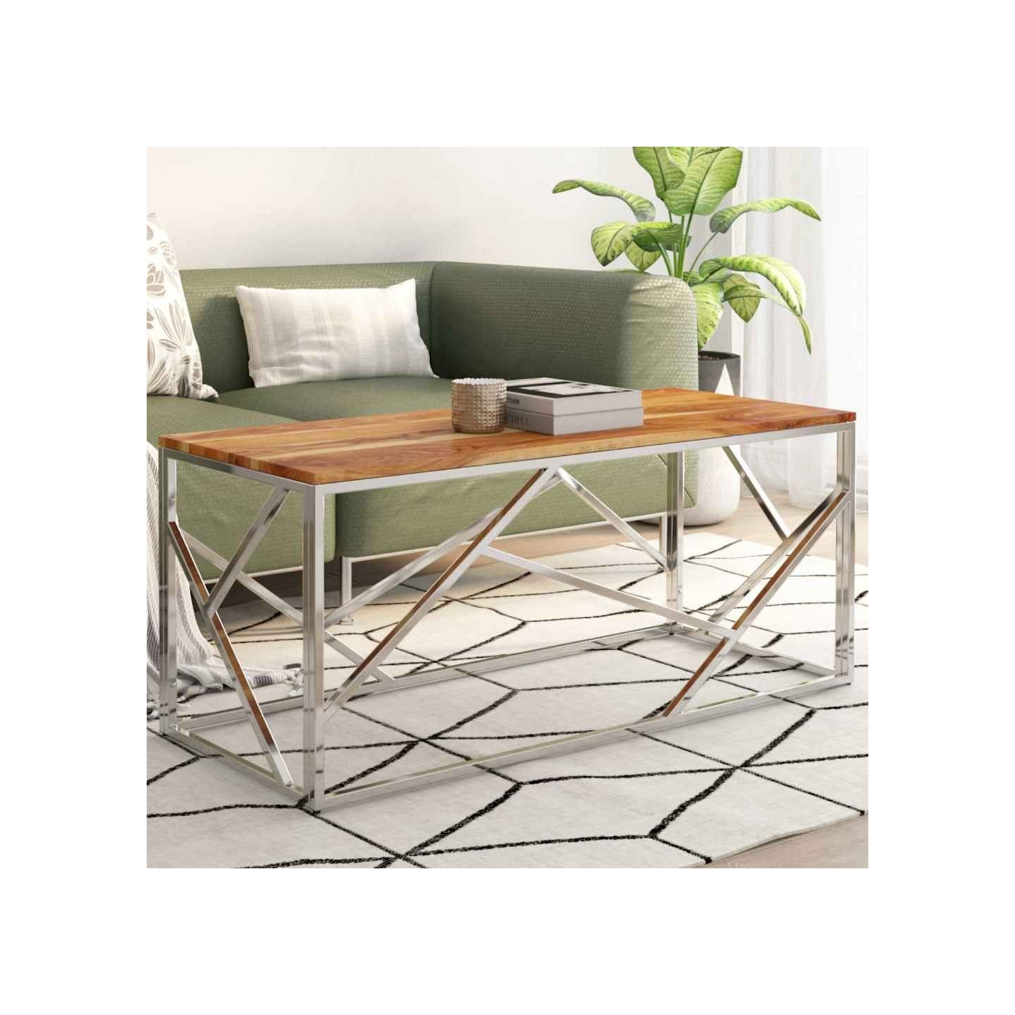 Table basse argenté acier inoxydable et bois massif d'acacia