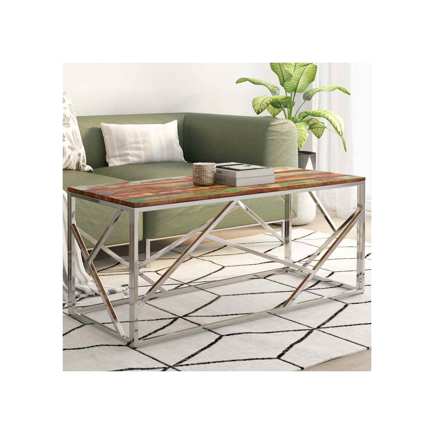 Table basse argenté inox et bois de récupération massif
