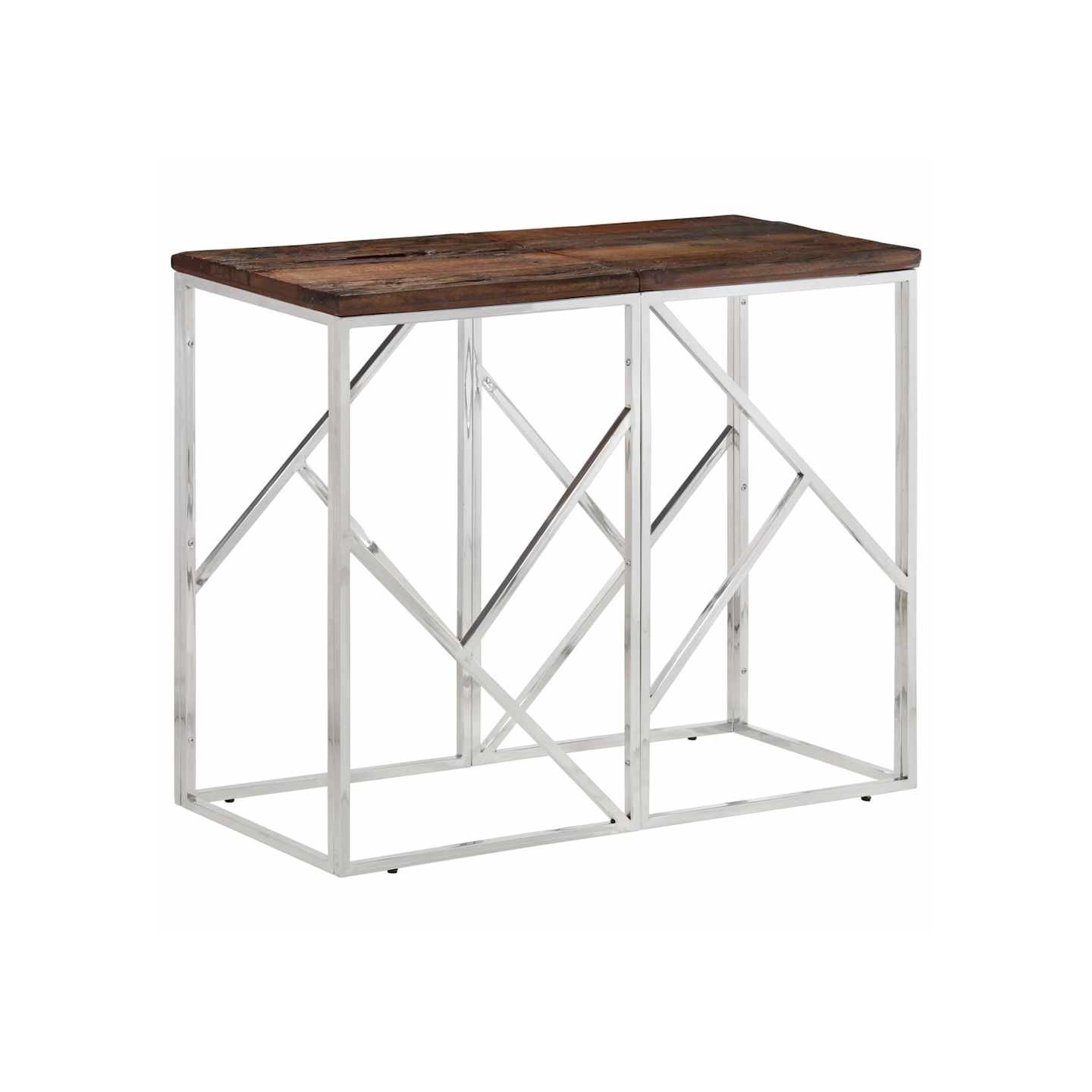 Table console argenté acier inoxydable et bois de mélèze massif