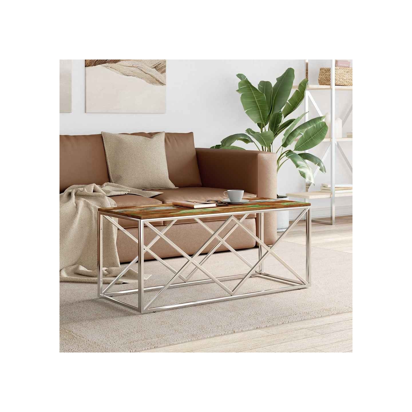 Table basse acier inoxydable et bois massif de récupération