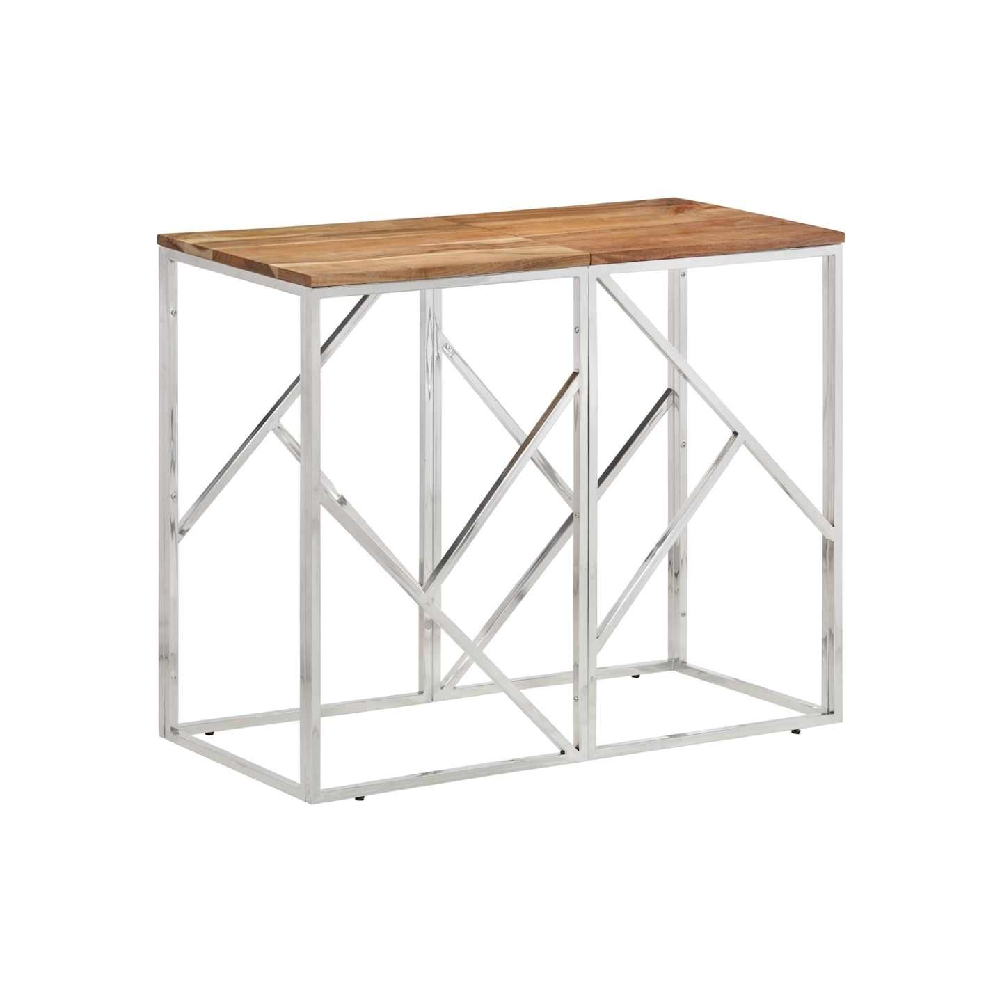 Table console argenté acier inoxydable et bois massif d'acacia