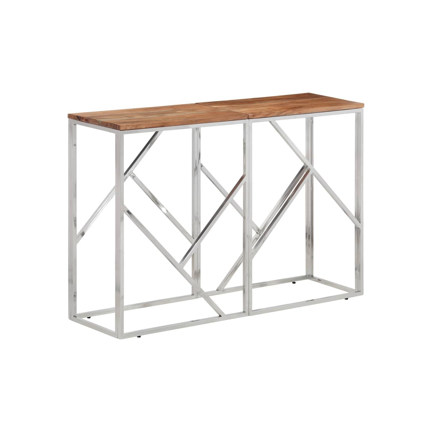 Table console argenté acier inoxydable et bois massif d'acacia
