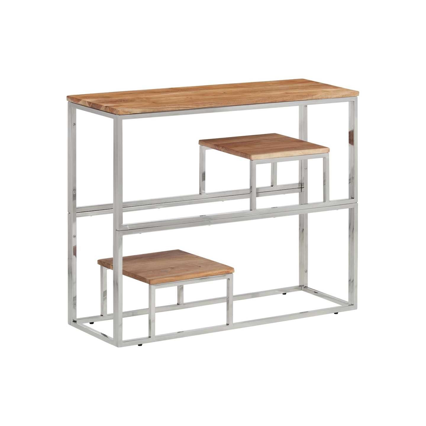 Table console argenté acier inoxydable et bois massif d'acacia