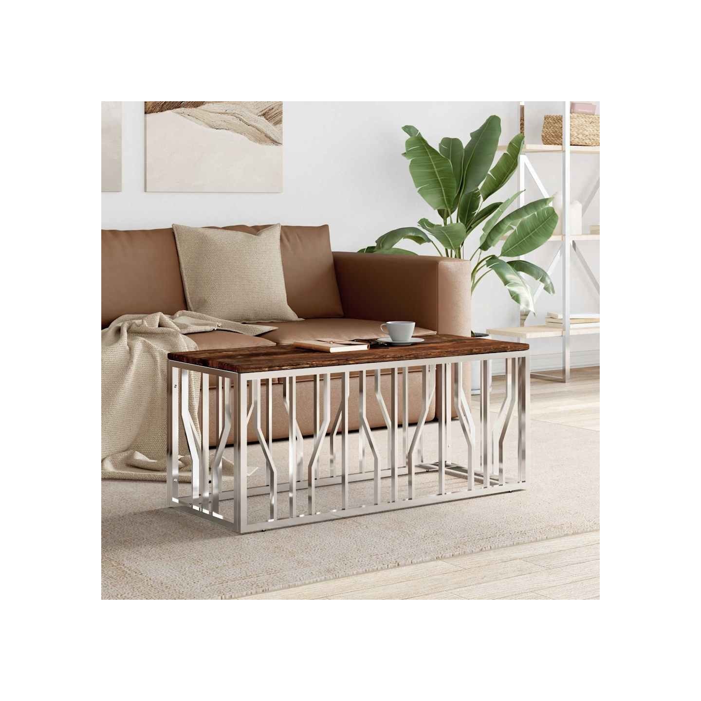 Table basse acier inoxydable et bois massif de récupération