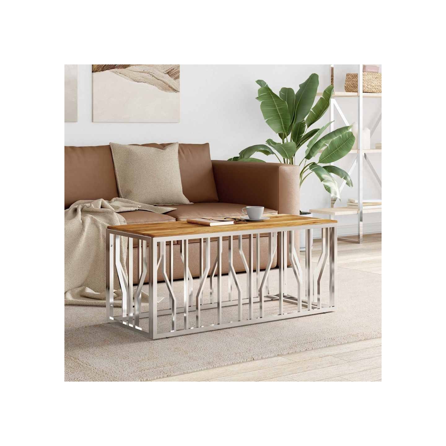 Table basse argenté acier inoxydable et bois massif d'acacia