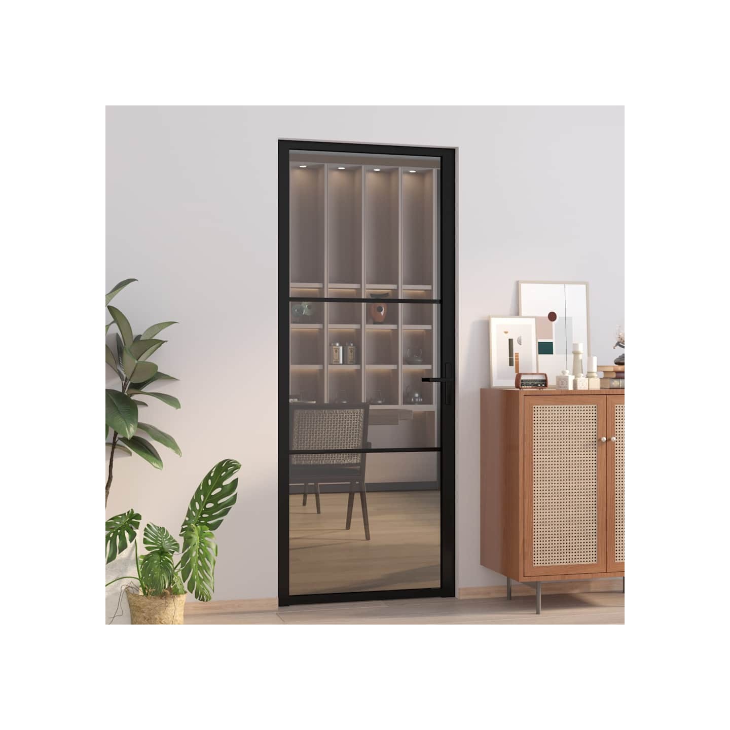 Porte intérieure 83x201,5 cm Noir Verre ESG et aluminium