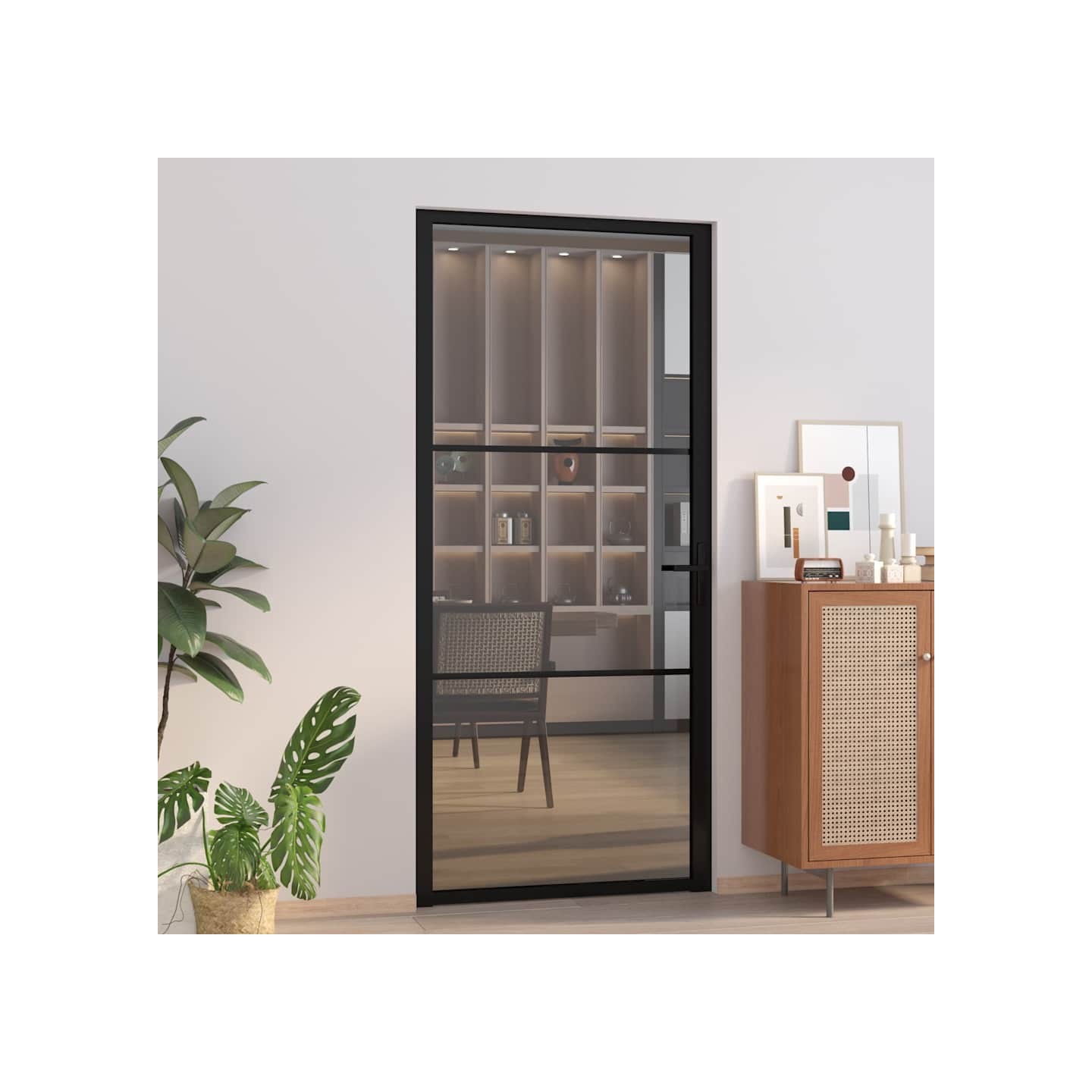 Porte intérieure 93x201,5 cm Noir Verre ESG et aluminium