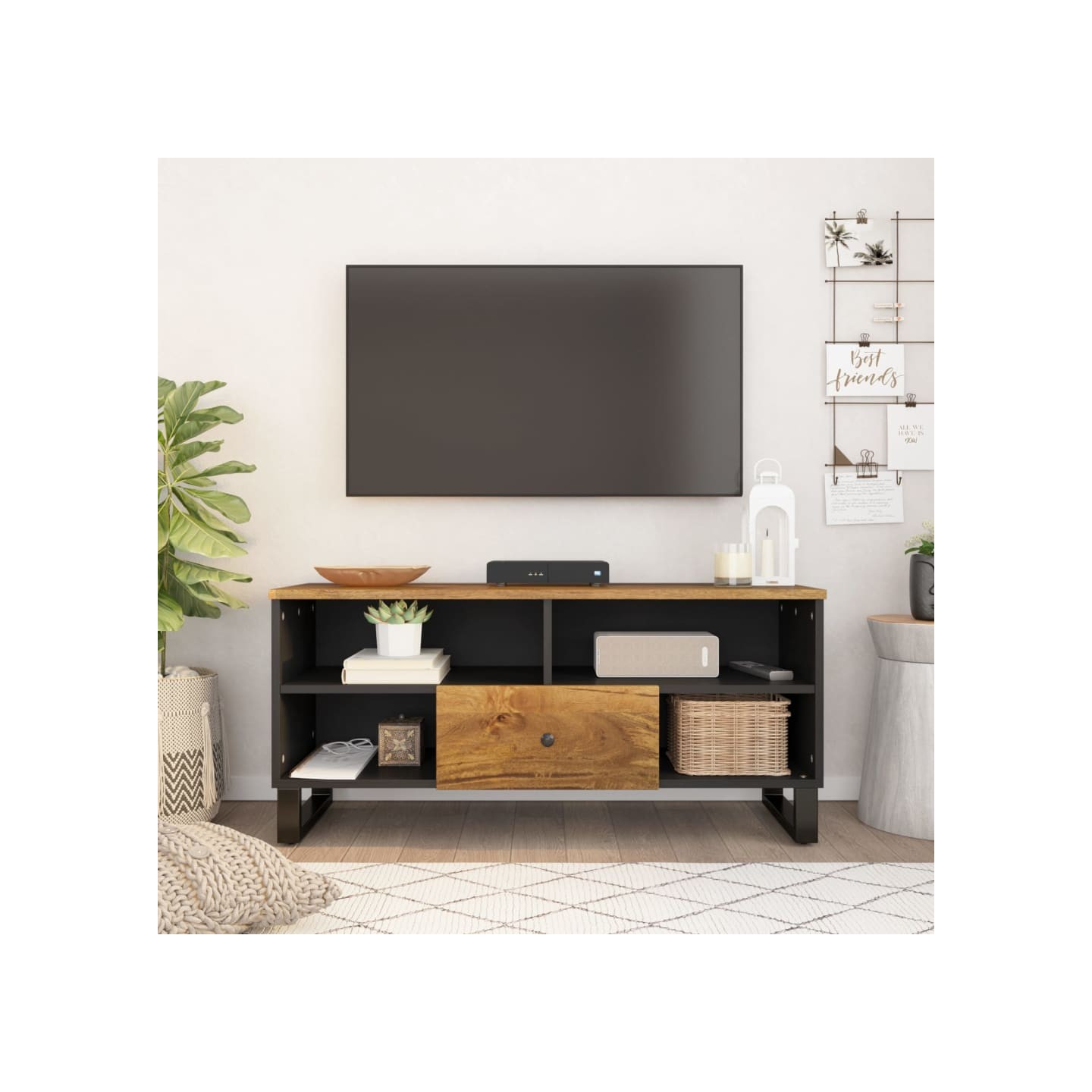 Meuble TV 100x33x46 cm bois de manguier et d'ingénierie