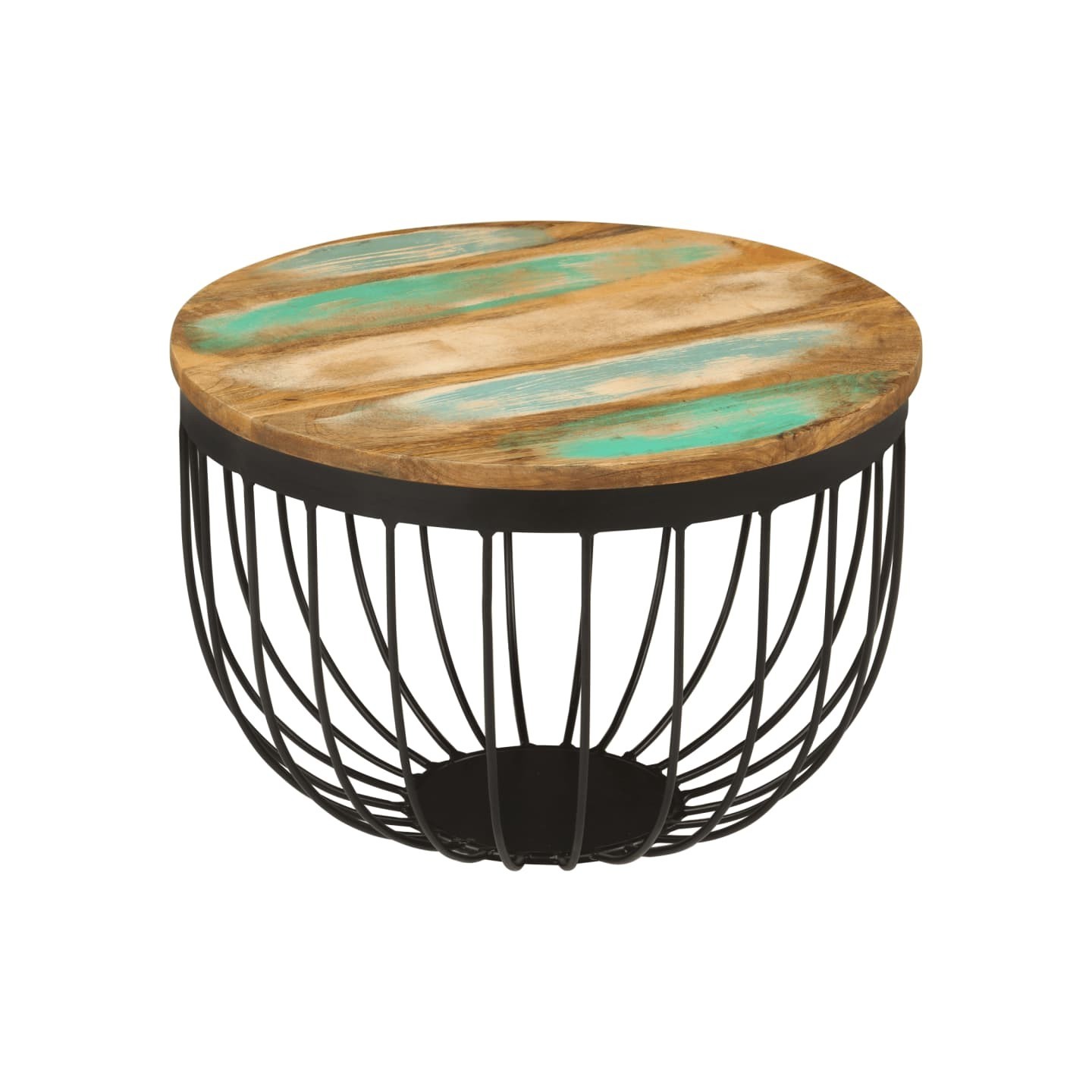 Table basse Ø50x35 cm bois de récupération massif et acier
