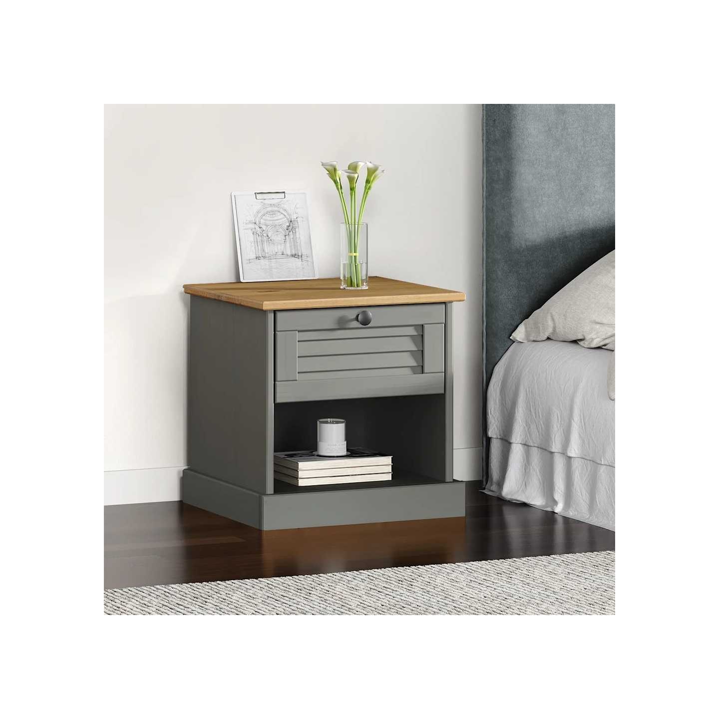 Table de chevet VIGO gris 42x35x42 cm bois de pin massif