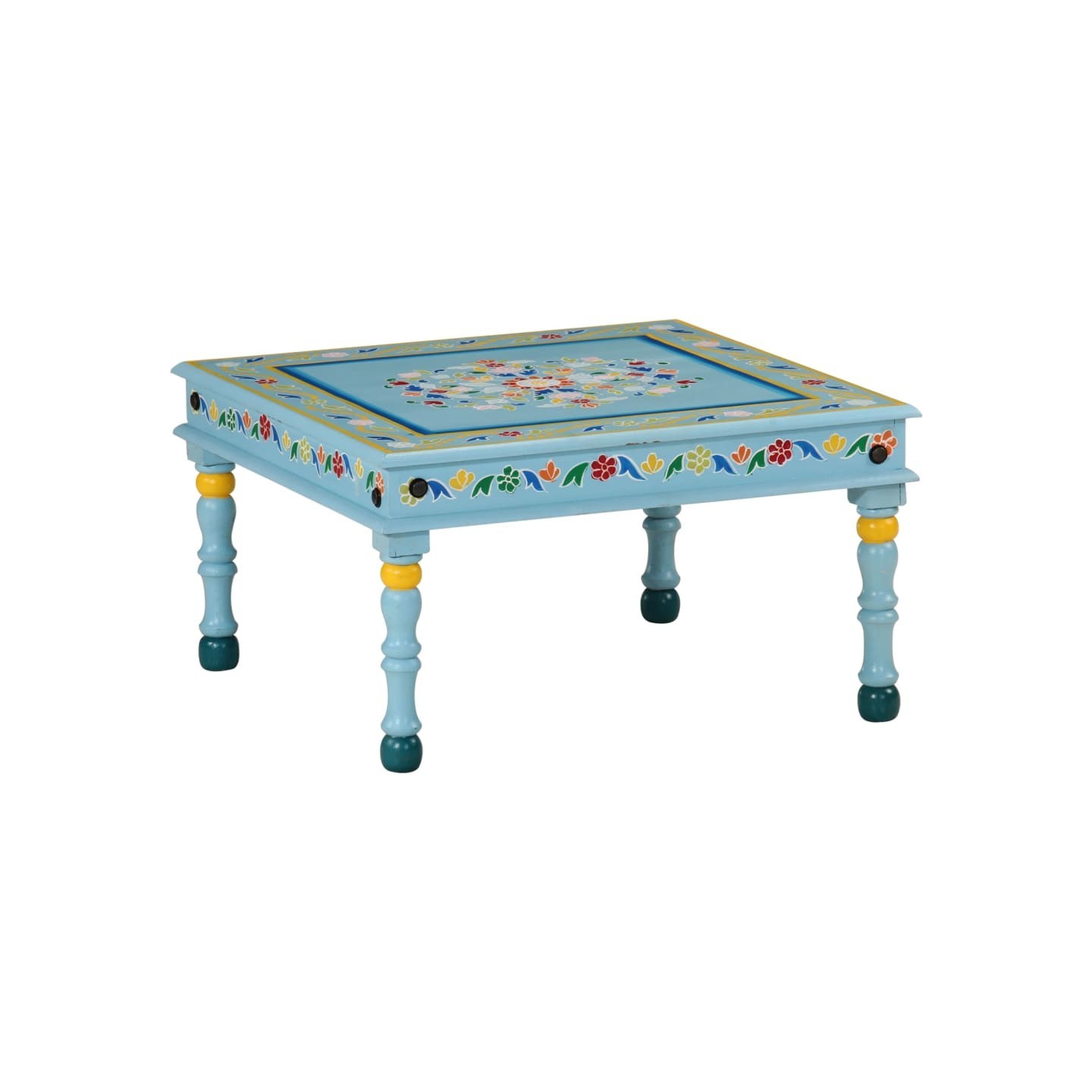 Table basse turquoise bois de manguier massif peint à la main