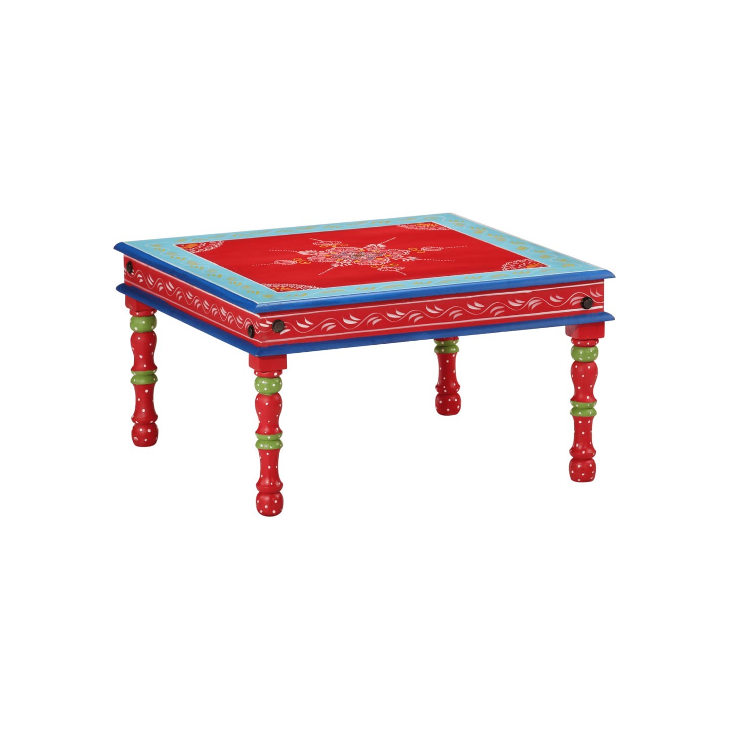 Table basse rouge bois de manguier massif peint à la main