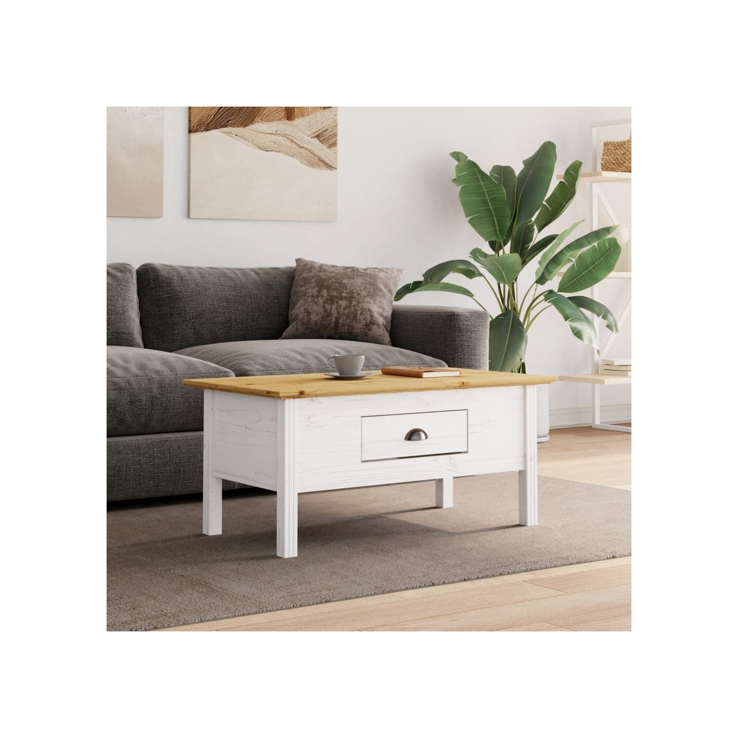 Table basse BODO blanc et marron 100x55x46cm bois de pin massif