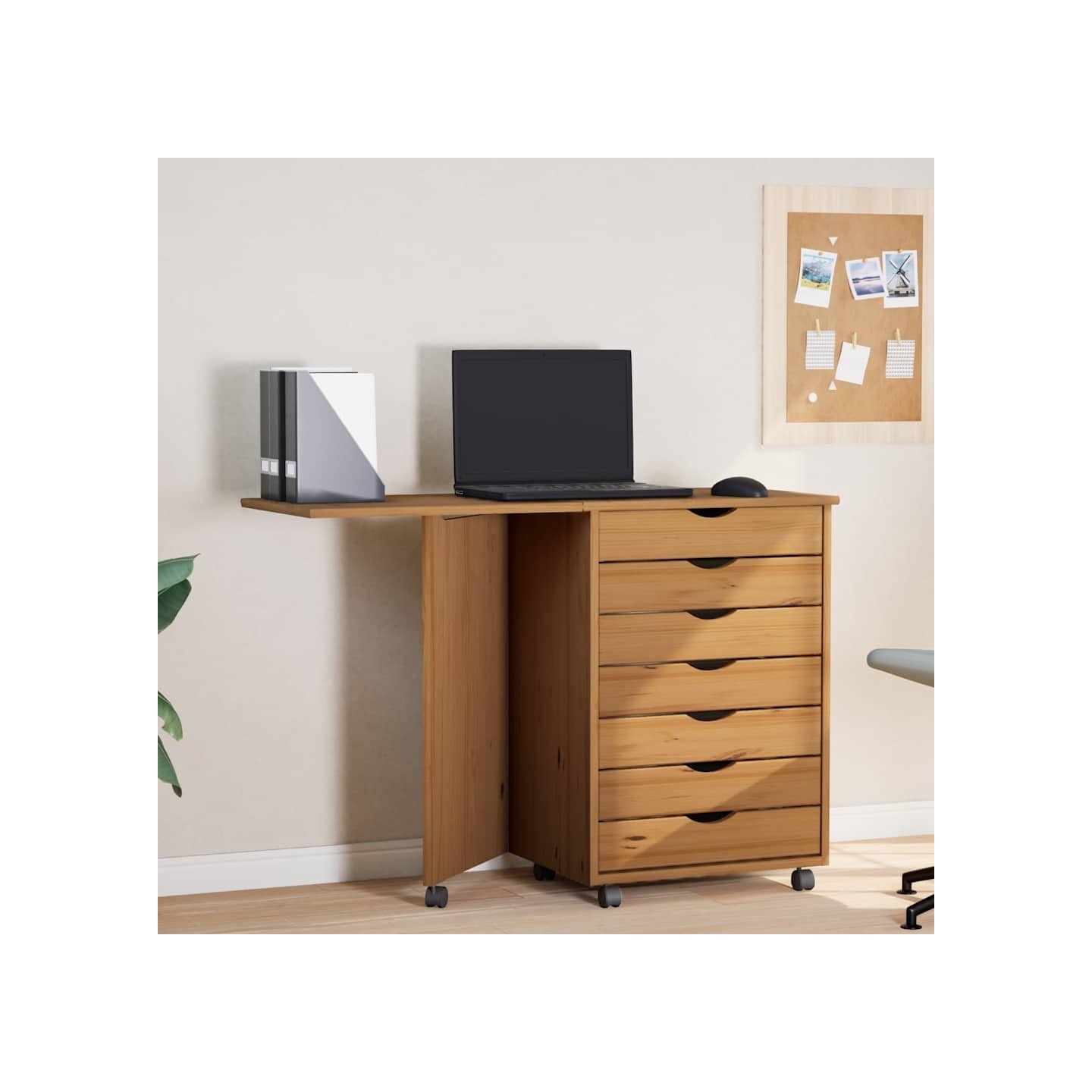 Armoire roulante avec bureau MOSS marron miel bois de pin
