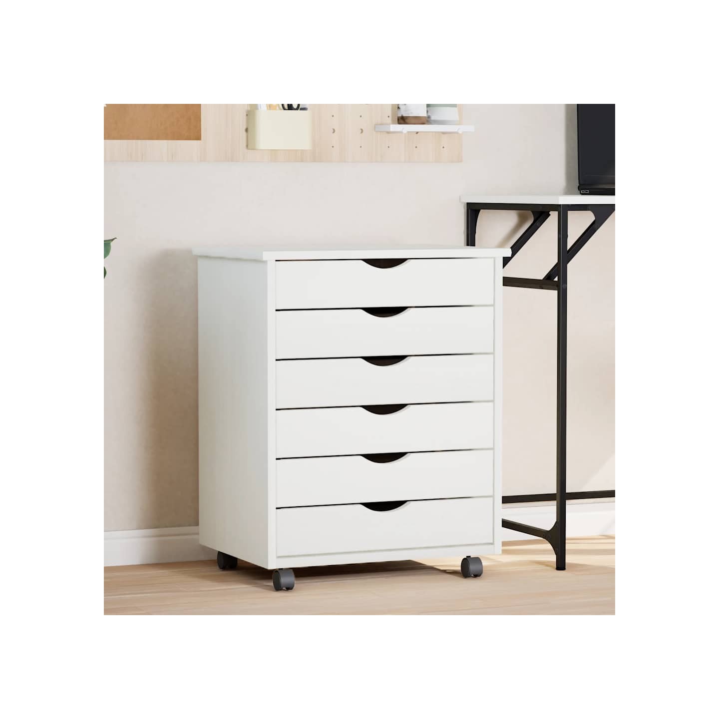 Armoire roulante avec tiroirs MOSS blanc bois de pin solide
