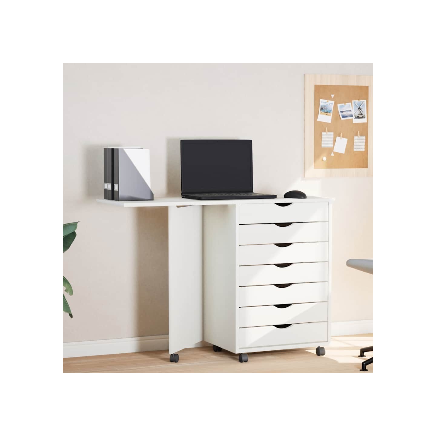 Armoire roulante avec bureau MOSS blanc bois de pin solide