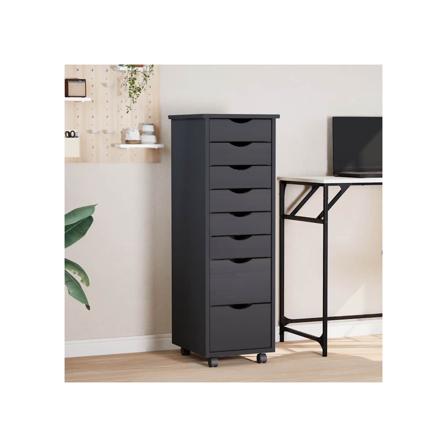 Armoire roulante avec tiroirs MOSS gris bois de pin solide