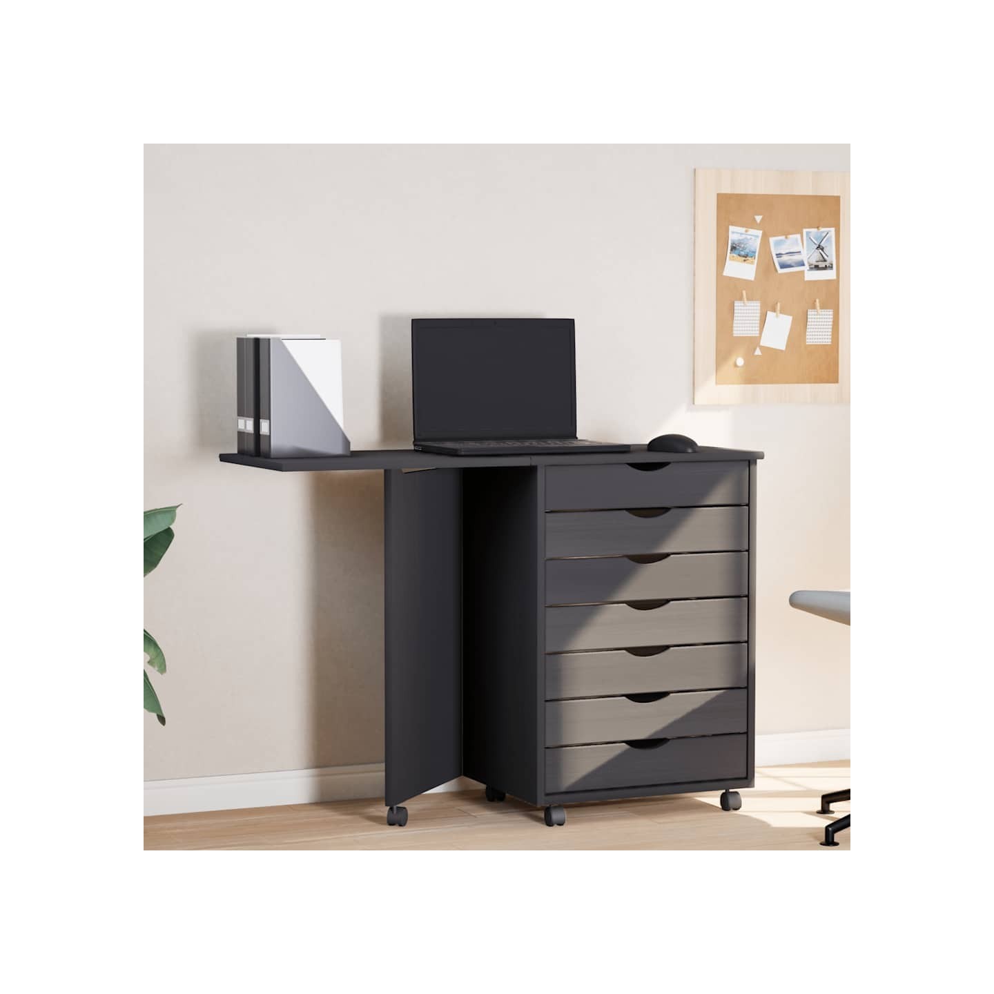 Armoire roulante avec bureau MOSS gris bois de pin solide