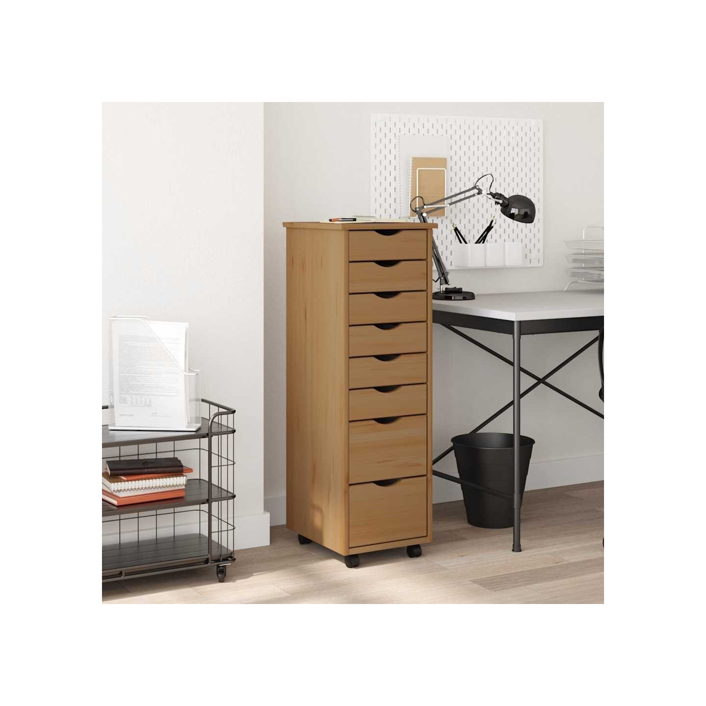 Armoire roulante avec tiroirs MOSS bois de pin marron miel