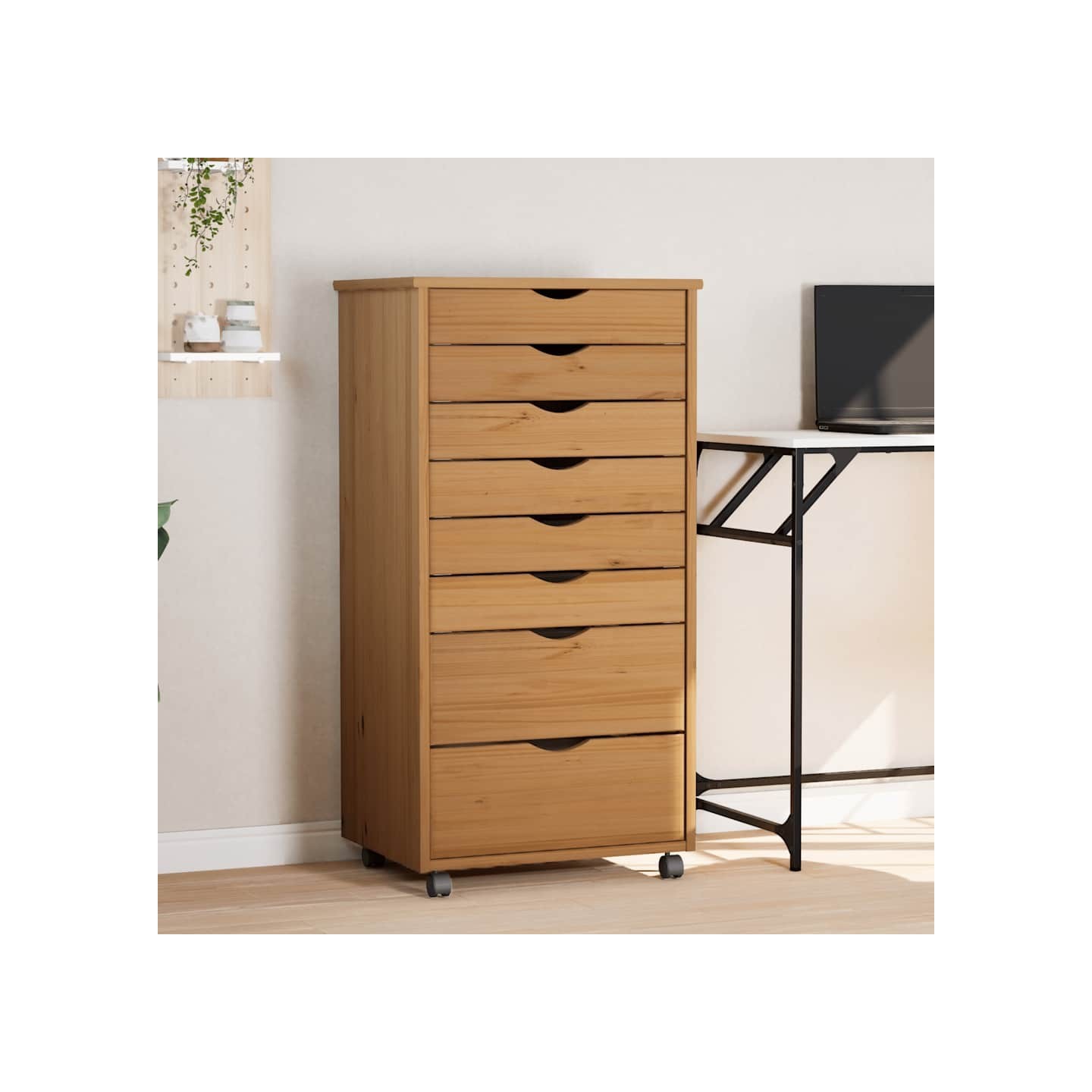 Armoire roulante avec tiroirs MOSS bois de pin marron miel