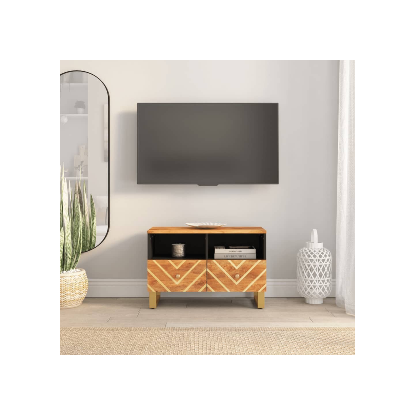 Meuble TV marron et noir 70x33,5x46 cm bois massif de manguier