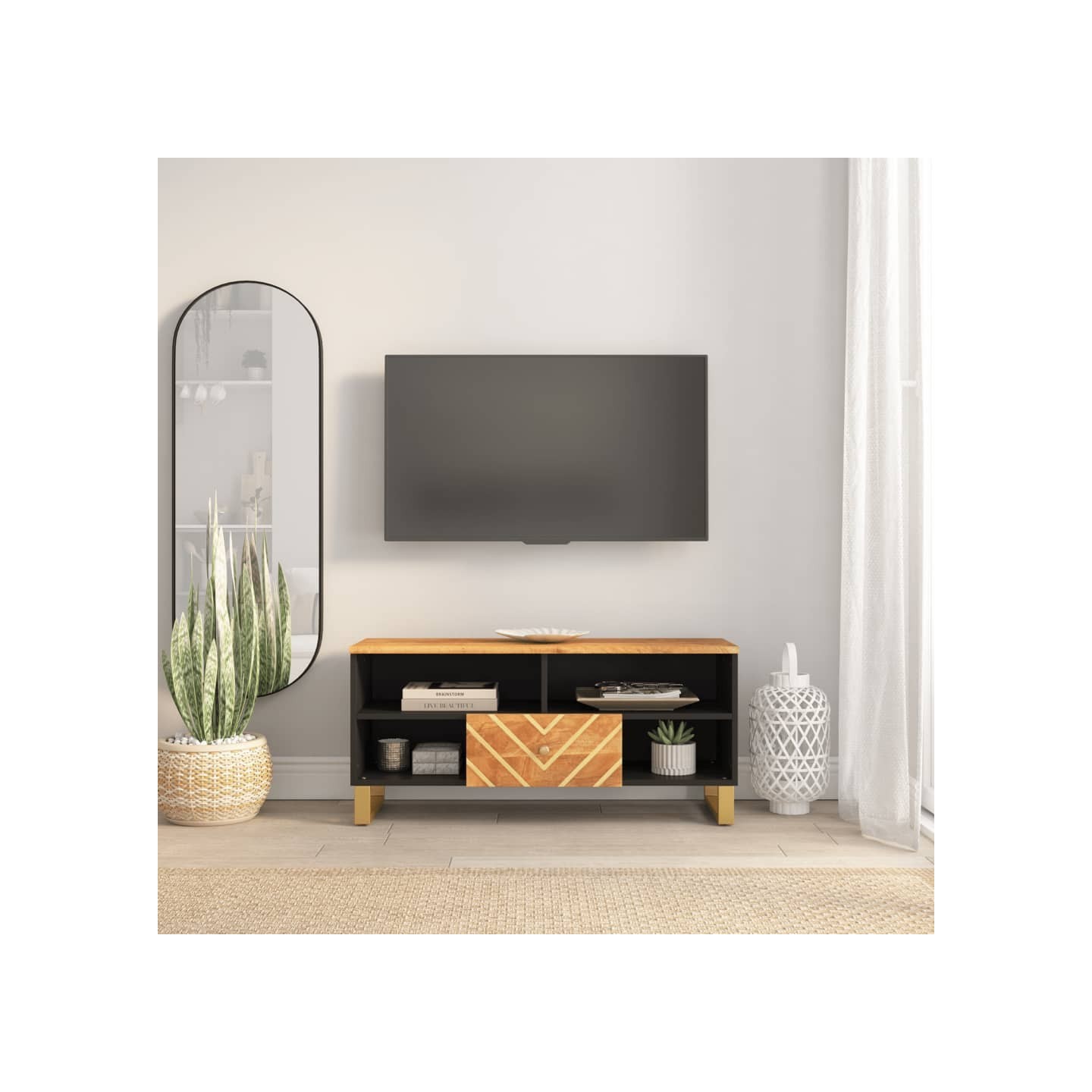 Meuble TV marron et noir 100x33,5x46 cm bois massif de manguier